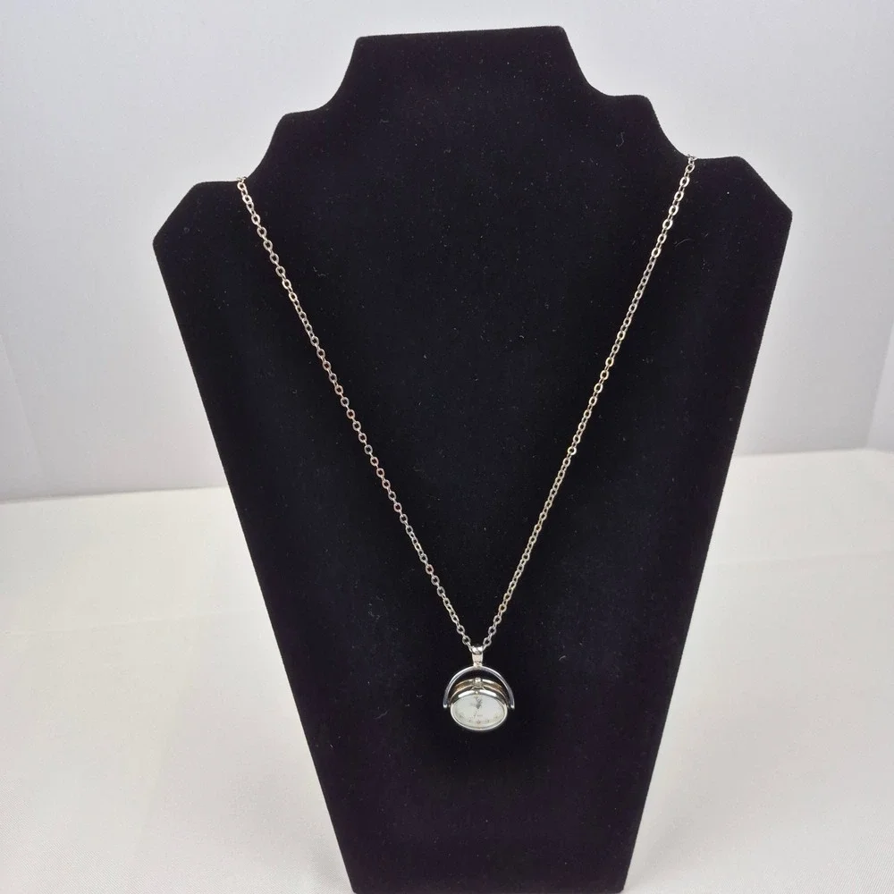 Vtg‎ Rotating Pendant Necklace Purple Druzy Glitter Watch Face Silver Tone 29